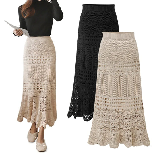 Skirt Women&#39;s High Waist Loose Yard Crocheted Flower Hollow Knitted Skirt Hips Medium-length Skirt Girl 1108
